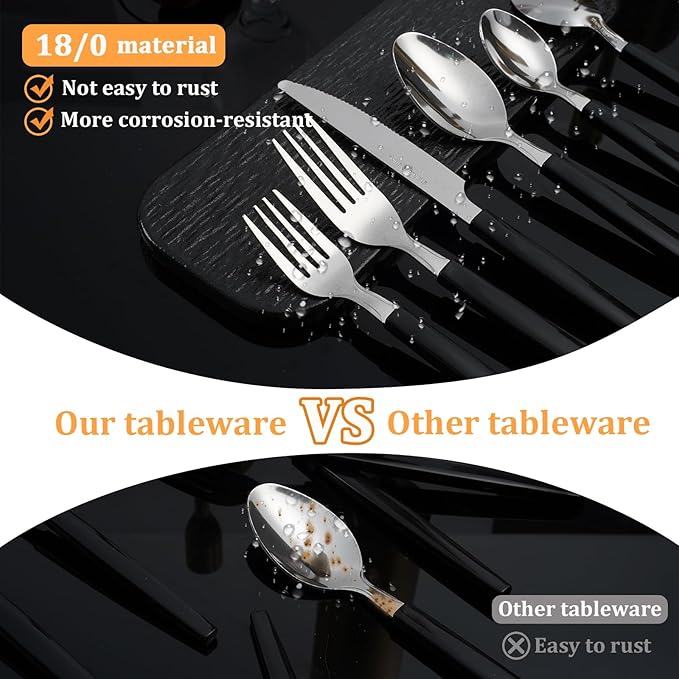 Silverware Sets - 48 PCS 18/0 Food Grade Stainless Steel Silverware Sets Service for 8 Dishwasher Safe, Mirror Polished Flatware Set For Home,Restaurant,Hotel, Wedding, Parties（Black）