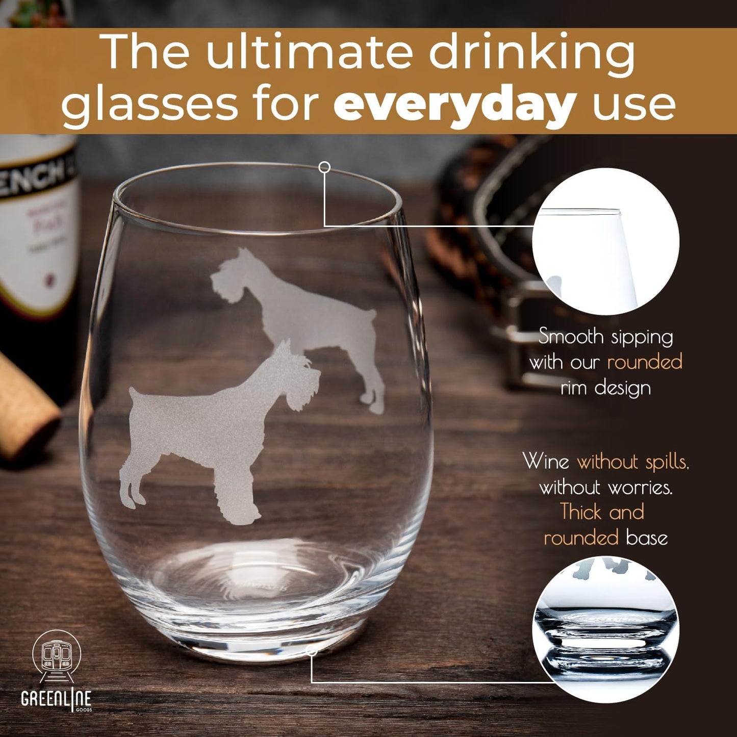 Schnauzer Stemless Wine Glasses (Set of 2) | Unique Gift for Dog Lovers | Hand Etched with Breed Name on Bottom