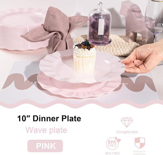 72 Pack Pink Plastic Plates, 10" Disposable Wave Dinner Plates Elegant Heavy Duty Serving Dishes for Party, Wedding, Thanksgiving, Christmas