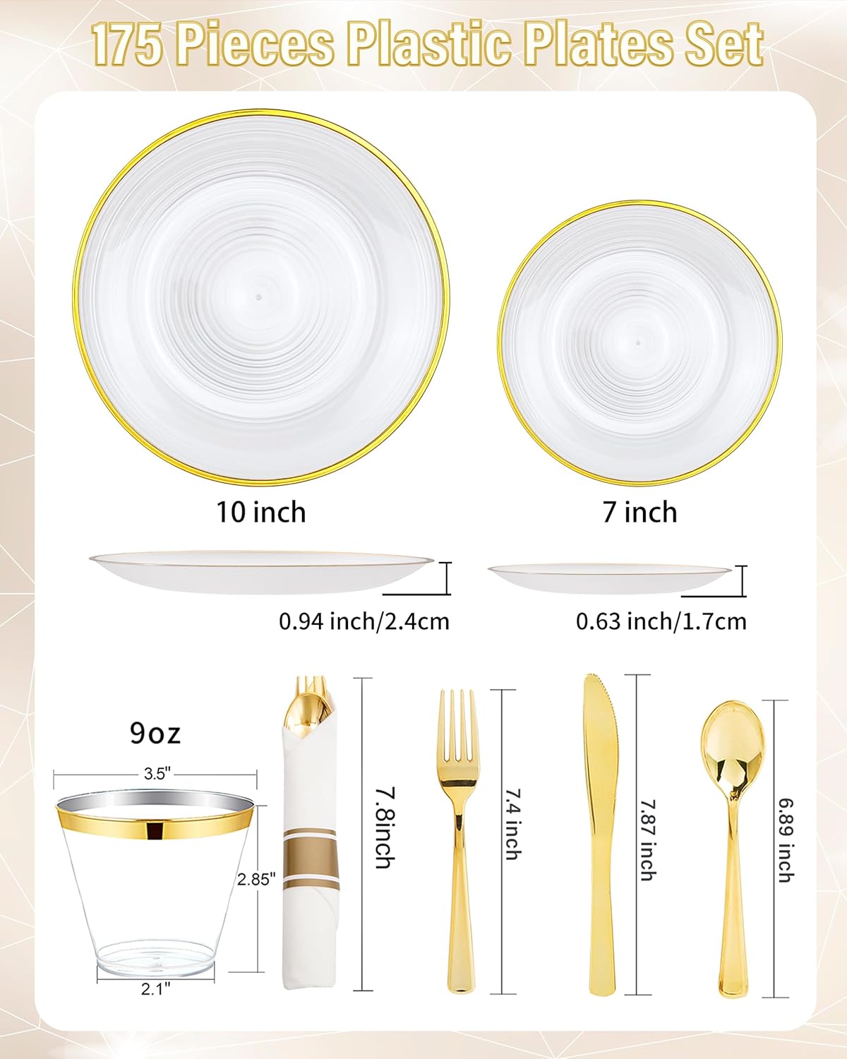 Morejoy 175PCS Pearl White and Gold Plastic Plates - Disposable Gold Party Plates & Pre Rolled Napkins with Cutlery for 25 Guests, 50Plates, 75Silverware, 25Cups, 25Napkin for Party & Thanksgiving