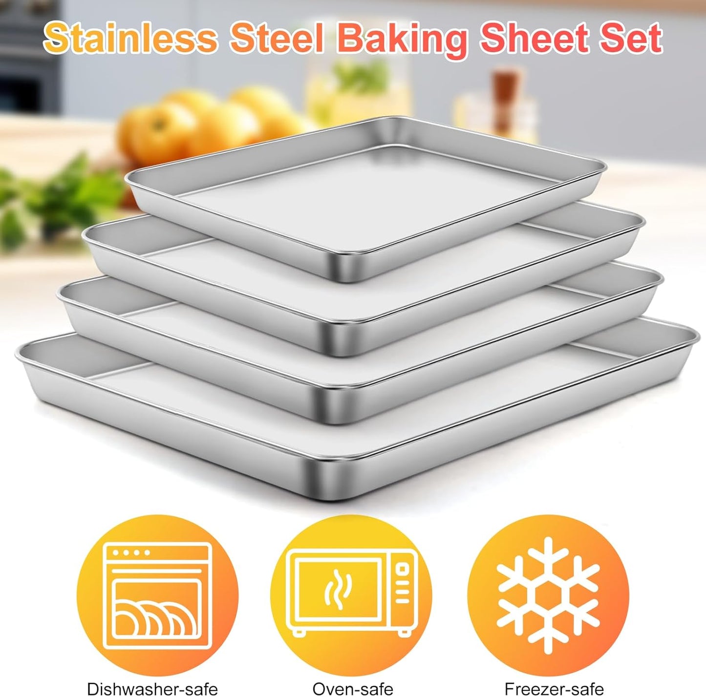 Baking Sheet Set of 4, Stainless Steel Cookie Sheet Pan,Stainless Steel Baking Pan Oven Tray, Mirror Finish,Heavy Duty, Easy Clean & Dishwasher Safe,9/10/12/16 Inch