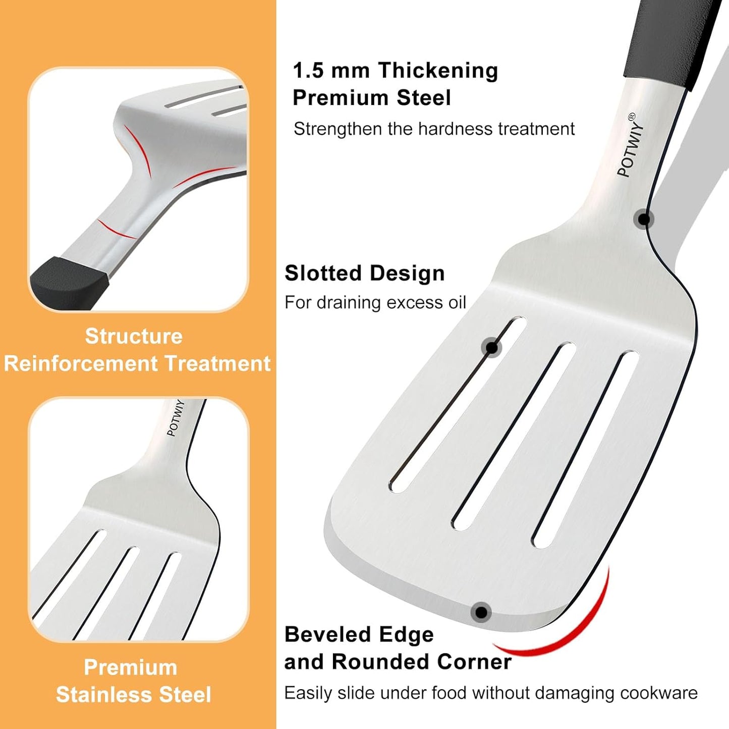 Stainless Steel Spatula Set, 2 Pcs Slotted Spatulas for Kitchen Use, Metal Turner with Silicone Handle for Cast Iron Skillet, Grilling, Cooking Utensils for Flipping Steak, B