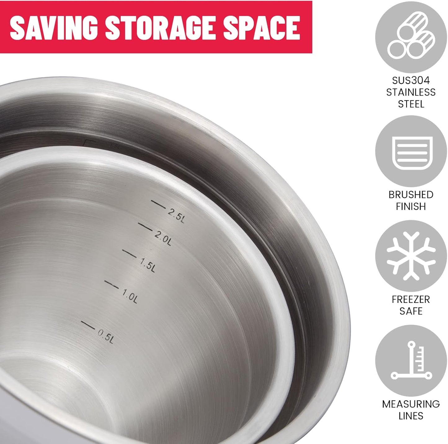 MARSKITOP Stainless Steel Mixing Bowls with Lids Set, Nesting Mixing Bowls with Airtight Lids, Measurement Marks and Red Non-Slip Bottoms, Great for Mixing and Serving, 3QT & 5QT