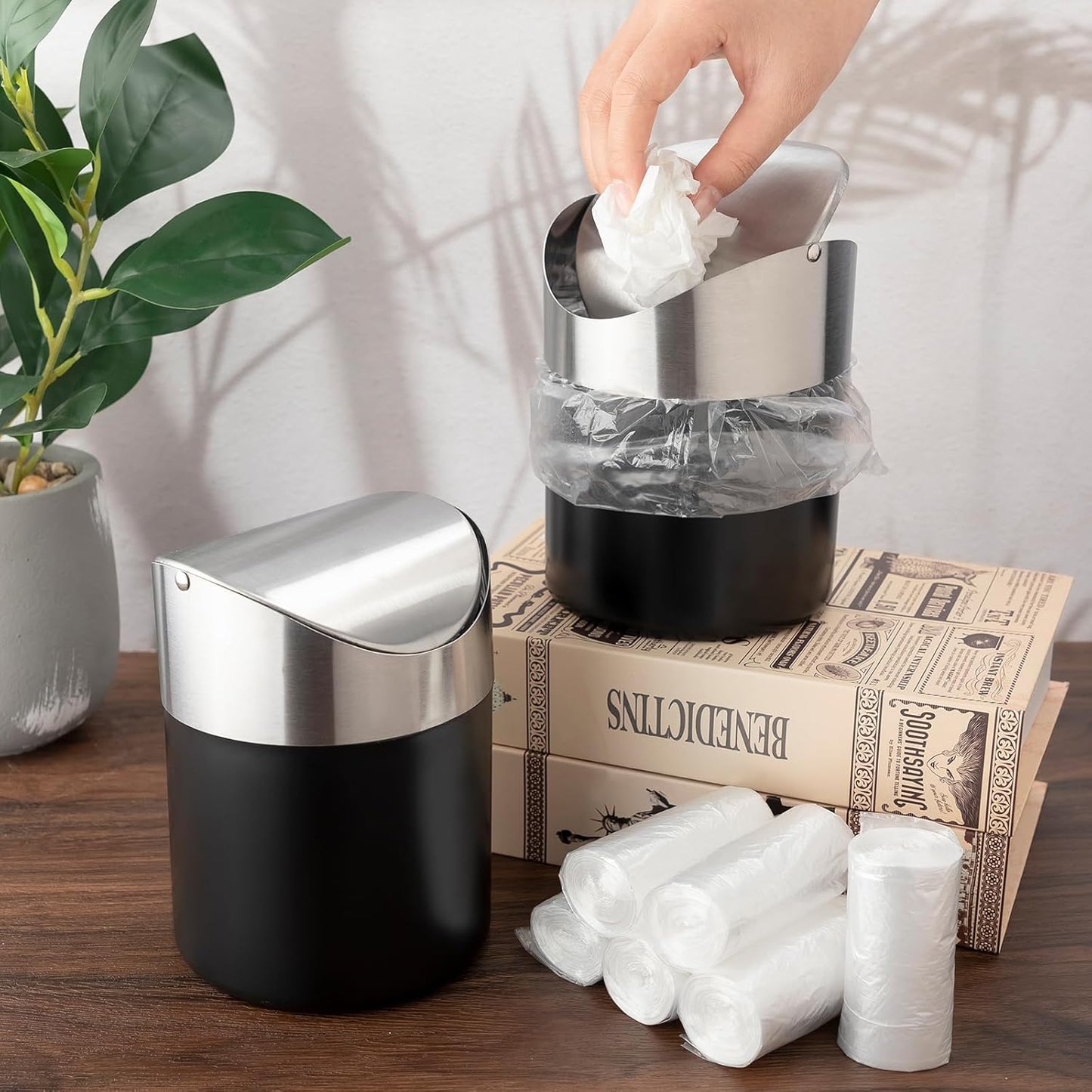 2 Pcs Desk Trash Can with Swing Lids, 12 Rolls of Trash Bags, 2L Brushed Stainless Steel Countertop Garbage Bin Small Wastebasket with Lid for Office Desk, Coffee Table(Matte Black)