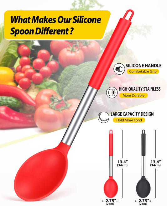 Pack of 2 Large Silicone Cooking Spoon Non Stick Solid Basting Spoons Heat-Resistant Kitchen Utensils for Mixing Serving (Black-Red)