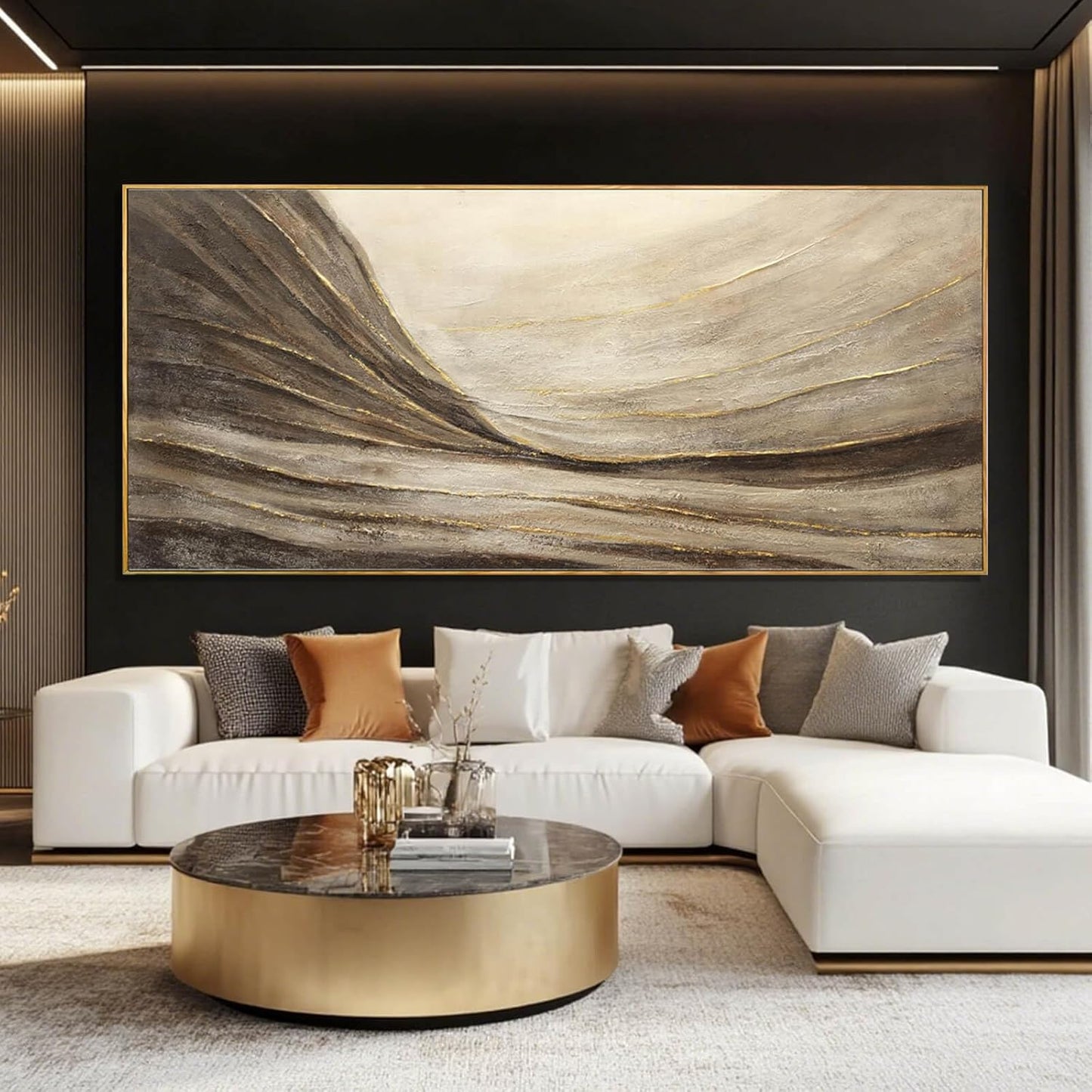 MLART99 Brown And Gold Wave Minimalist Artwork Textured Wall Art Rustic Abstract Oversized Decoration - 32x70 Inch Extra Large Contemporary Canvas for Living Room Entryway Decor