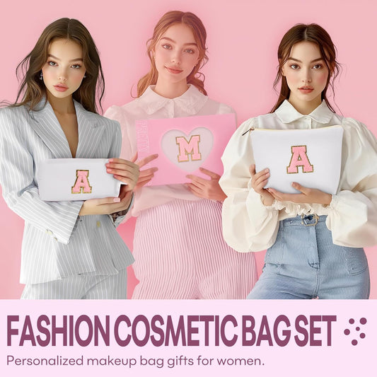 2 PCS Initial Makeup Bags for Women: Cosmetic Bag for Travel Toiletry - Birthday Gifts for 11 12 13 14 15 16 17 18 Years Old Girl Graduation Teacher Gift- Teen Girl Gifts Trendy Stuff - White K