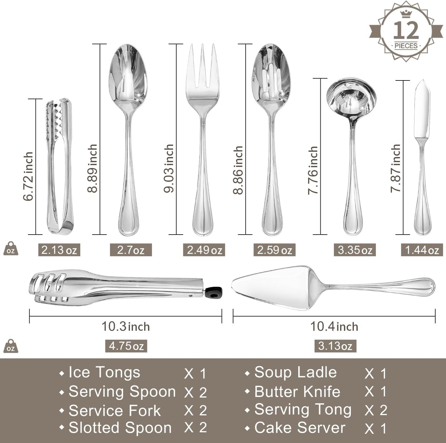 KINGSTONE 12 Piece Teardrop Serving Utensils Set, 18/10 Stainless Steel Serving Utensils, Slotted Spoons, Forks, Tongs, Cake Server, Butter Knife for Buffet, Catering, Wedding, Party