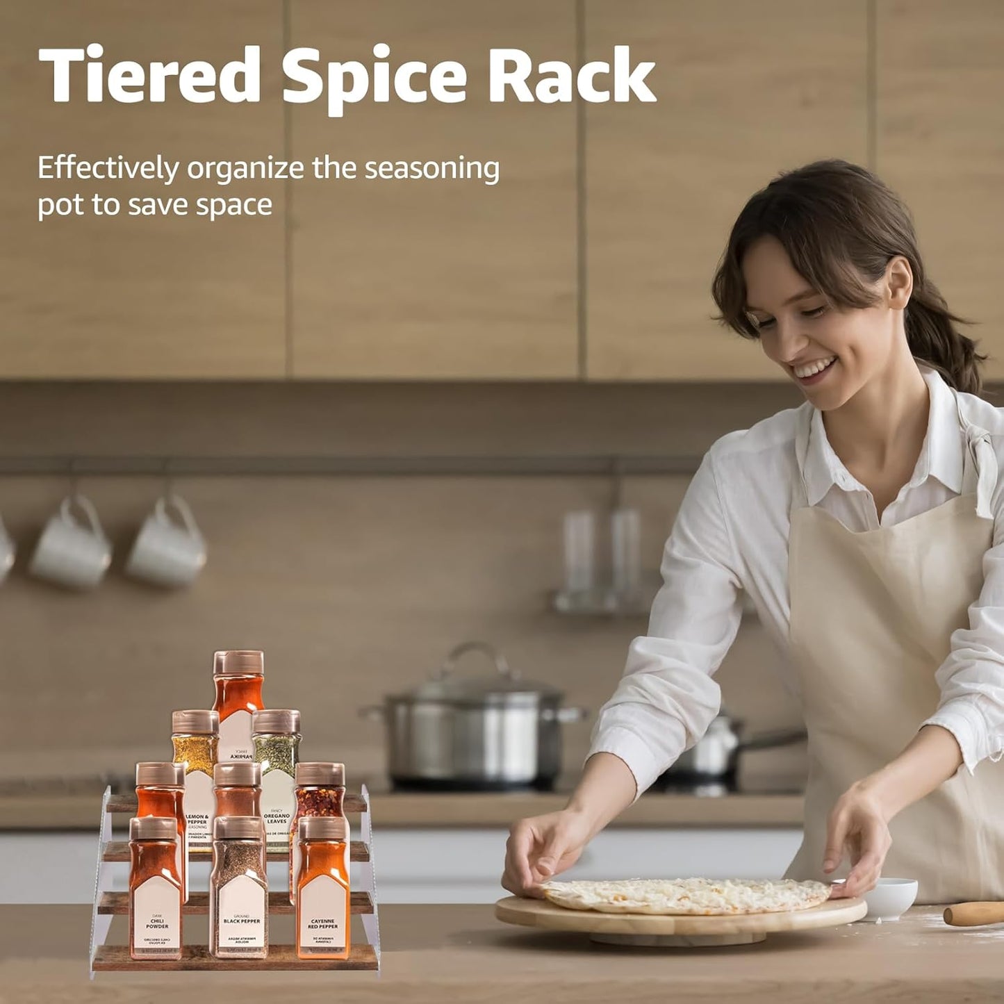 nianfeng Tiered Spice Rack, 4-Tier Spice Pantry Kitchen Cabinet Organizer, 12-Inch, Natural Wood Acrylic Stair Riser Stand, Countertop Seasoning Shelf (Rustic Brown)