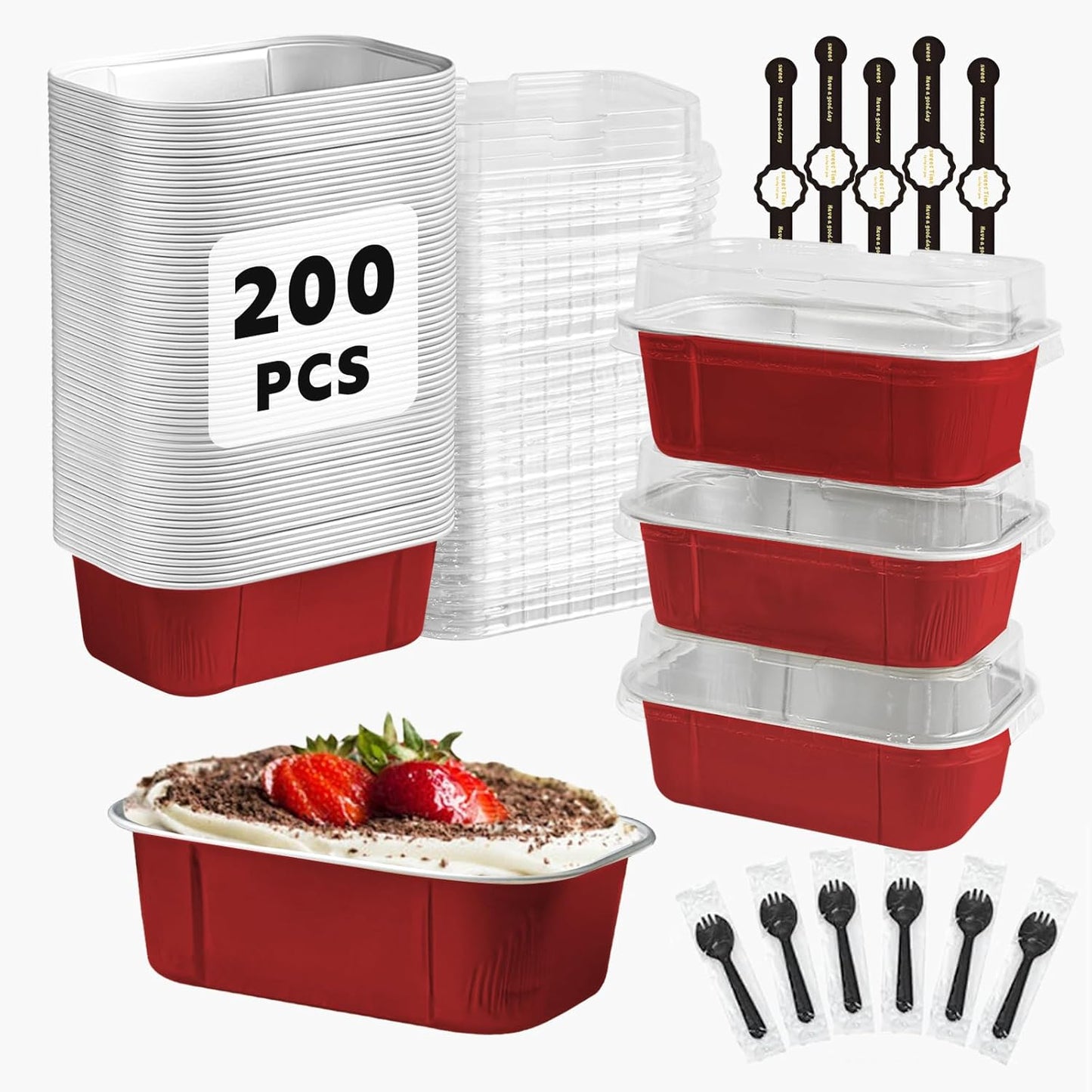 Mini Cake Pans With Lids And Spoons,5.5 oz Rectangle Mini individual Loaf Pans Disposable Aluminum Foil Small Baking Cups Tins (200, Red)