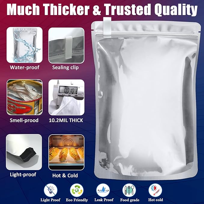 100 Pack 10.2 Mil Mylar Bags for Food Storage with Oxygen Absorbers 400cc (10 x 10 Packs) and 200 Pcs Color Labels - 10”*14” / 6”* 9” / 4.3”*6.3” Resealable Zipper Mylar Bag for Long Term Food Storage