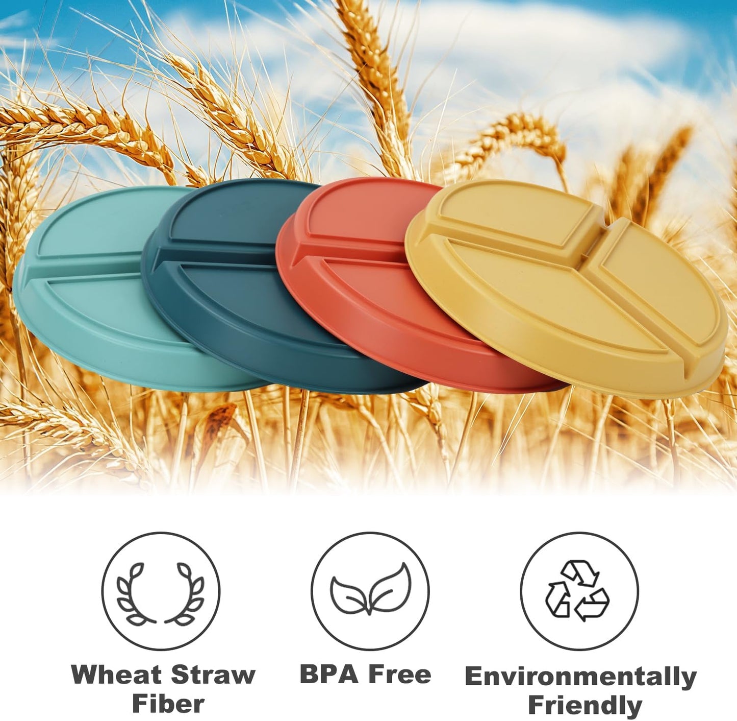 9.5 Inch Divided Plates Portion Control Plates 8 Pcs, Wheat Straw Dinner Plates, Microwave & Dishwasher Safe Bariatric Plate for Portion Control (Multicolor)