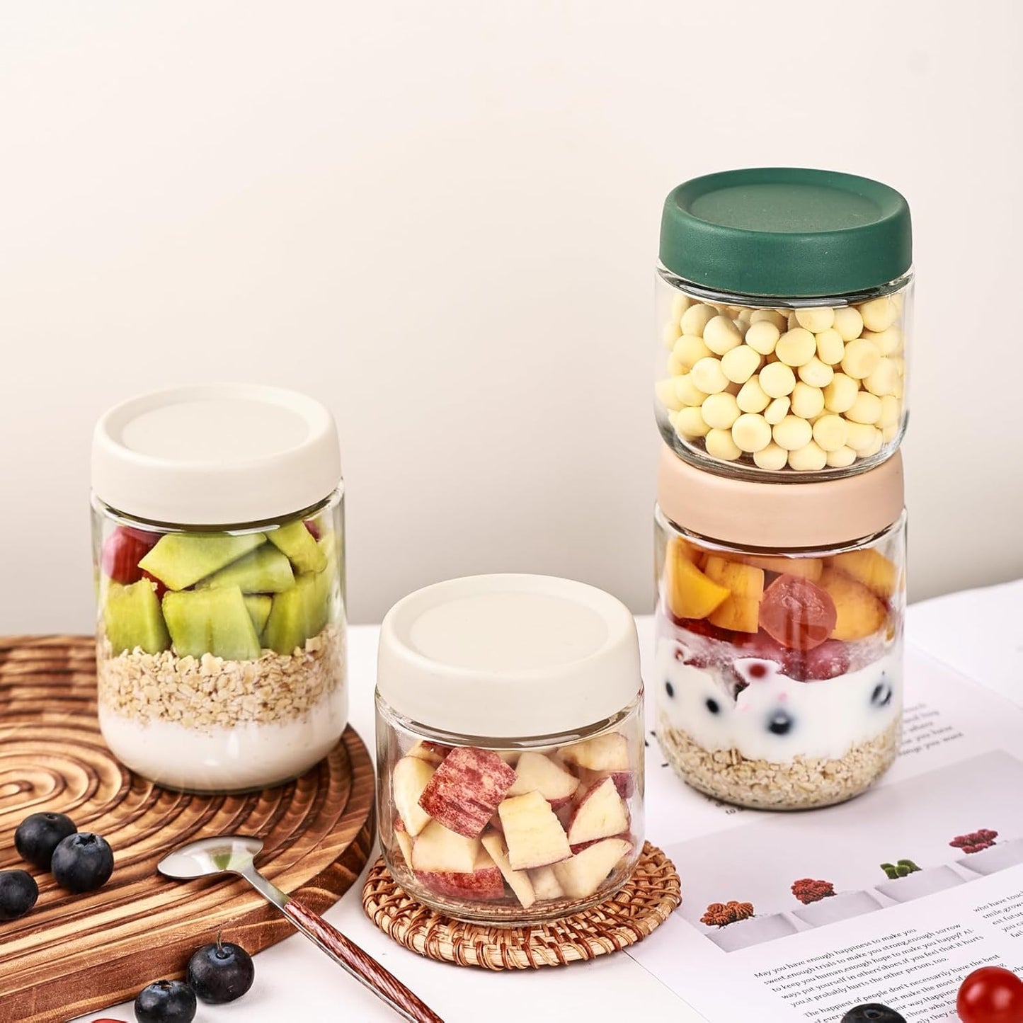 4pcs 10oz & 4pcs 16oz Overnight Oats Containers with 2pcs Spoon - 8 Pack Glass Storage Jars with Airtight Lids Wide Mouth Mason Food Jars for Meal Prep Salad Chia Puddirg Snacks Yogurt Sugar Spice