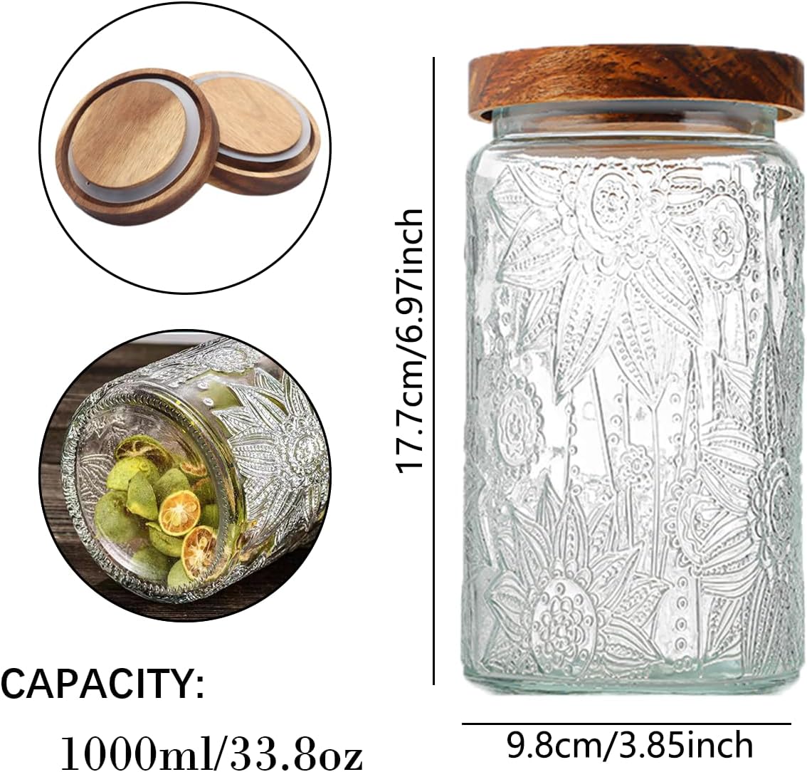 ANSQU Vintage Glass Storage Jar, 34oz Glass Canister Storage Jar Container with Airtight Wooden Lid for Kitchen Counter, Pantry, Coffee, Tea, Sugar, Cookie Jars (Round-Sunflower)
