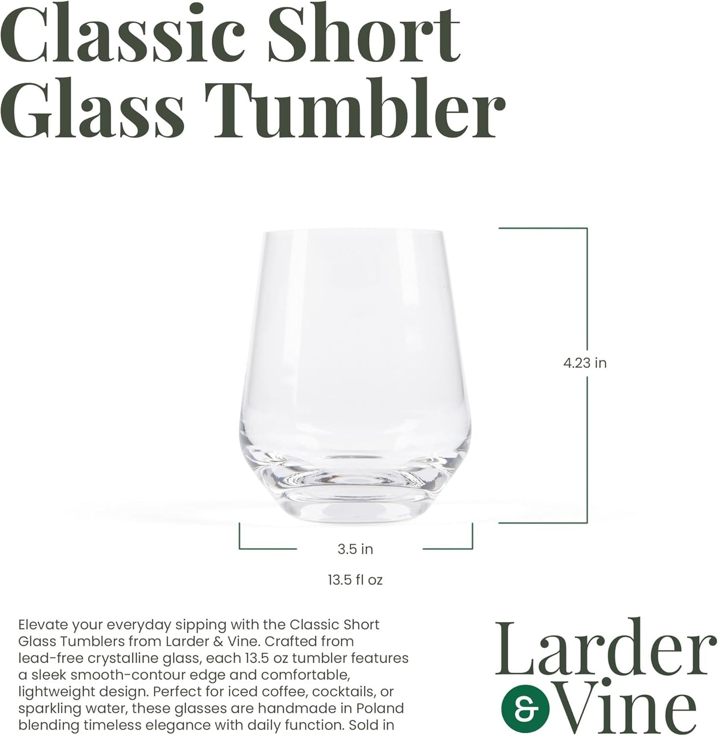 Larder & Vine Crystalline Glassware Tumbler Set, Artisan Drinkware for Cocktails, Water, Whiskey or Spirits, Handmade in Poland (Classic Short)