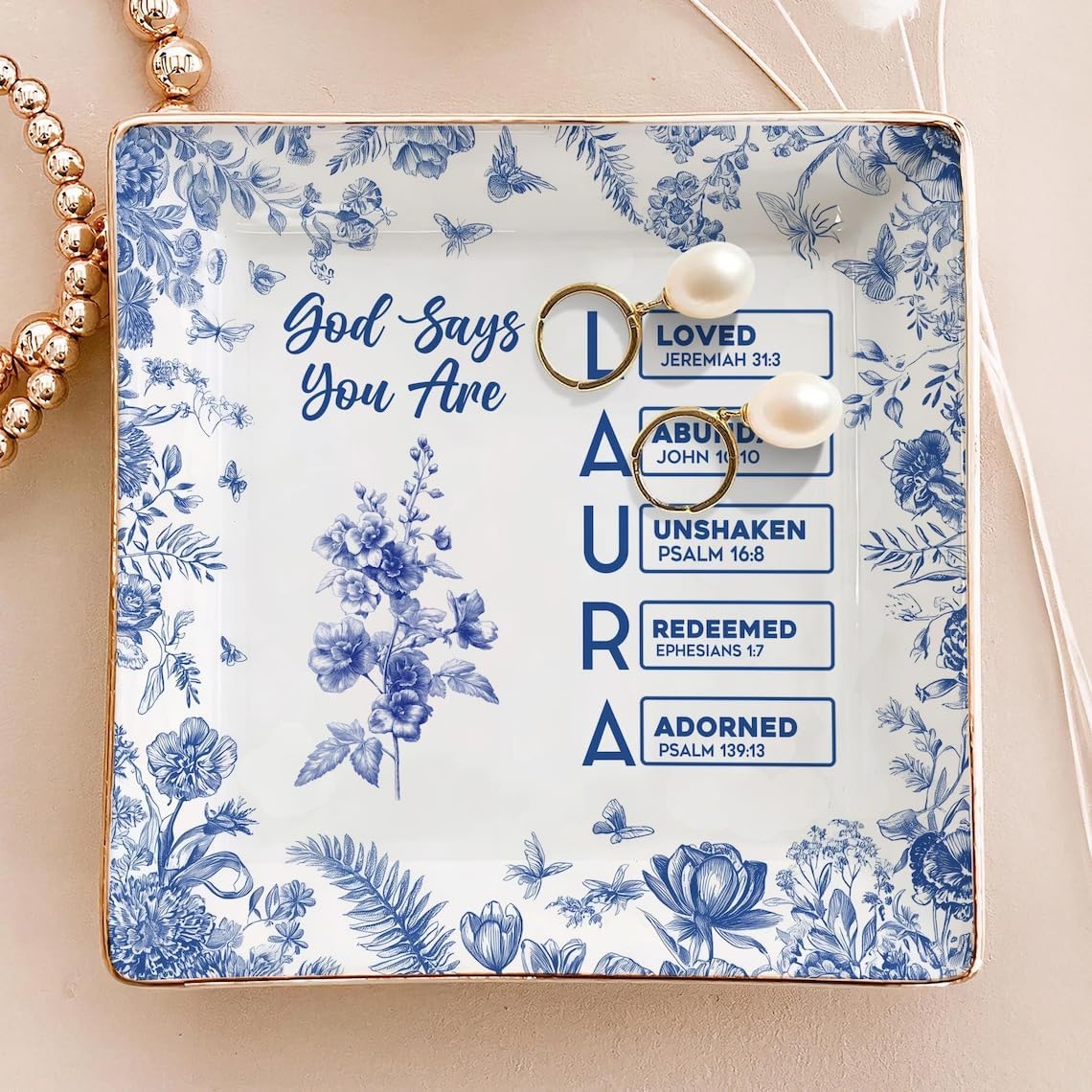 V-DECORPARKS God Says I Am Personalized Jewelry Dish – Name Letter Ceramic Tray with Toile de Jouy Style – Christian Gifts for Women, Religious Faith Gift, Inspirational Custom Storage Dish