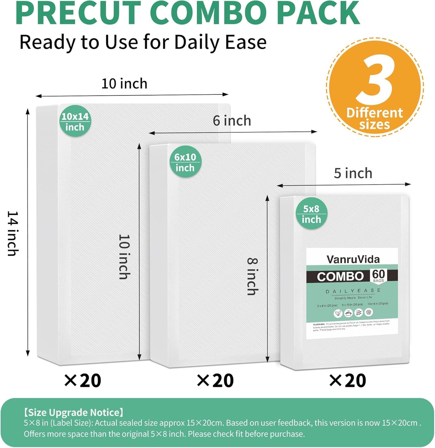 VanruVida Vacuum Sealer Bags,5” x 8” and 6” x 10” and 10” x 14” PreCut,60 Count,Commercial Grade Textured with Double Tear Notches,BPA Free,Food Storage Bags for Freezer, Meal Prep, or Sous Vide