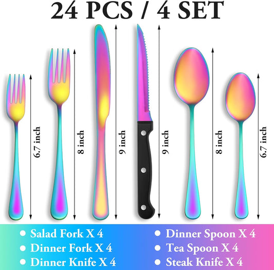 24 Pcs Rainbow Silverware Set with Steak Knives Service for 4,Stainless Steel Flatware Set,Mirror Polished Cutlery Utensil Set, Kitchen Eating Tableware,Include Fork Knife Spoon Set,Dishwasher Safe