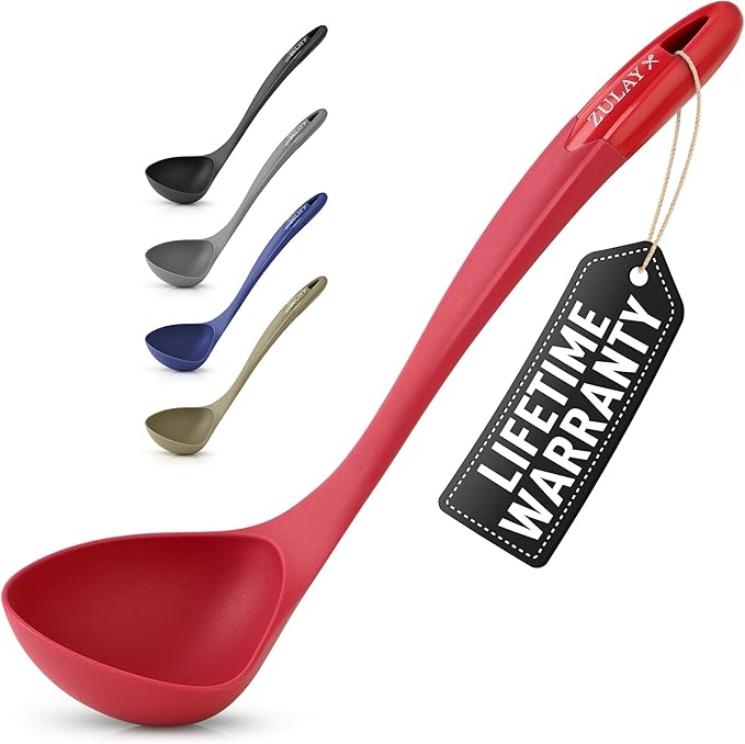 Zulay Kitchen Soup Ladle – Ergonomic, Heat-Resistant & Versatile for Serving Soup, Chili, Gravy & More - Red