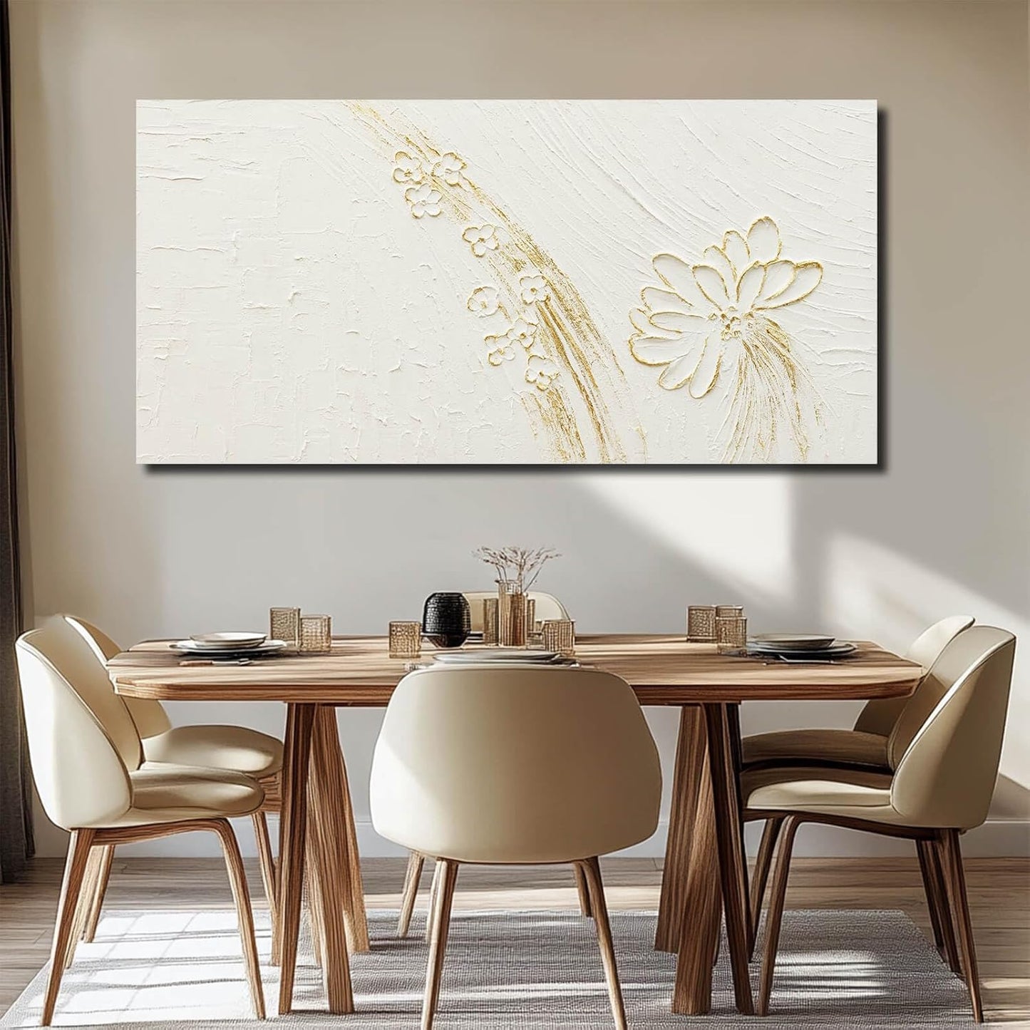 VAYIMDH Office Wall Art Flower Wall Decor Line Wall Painting 24"x48" Gold and White Canvas Paintings Wall Decorations for Bedroom