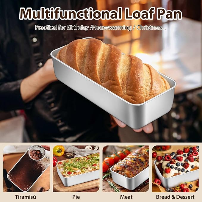P&P CHEF Loaf Pans for Baking Bread, 12 x 5 Inch Large Stainless Steel Bread Loaf Pan Tins for Homemade Meatloaf Cake Brownies, Healthy & Sturdy, Oven & Dishwasher Safe, 3Pcs