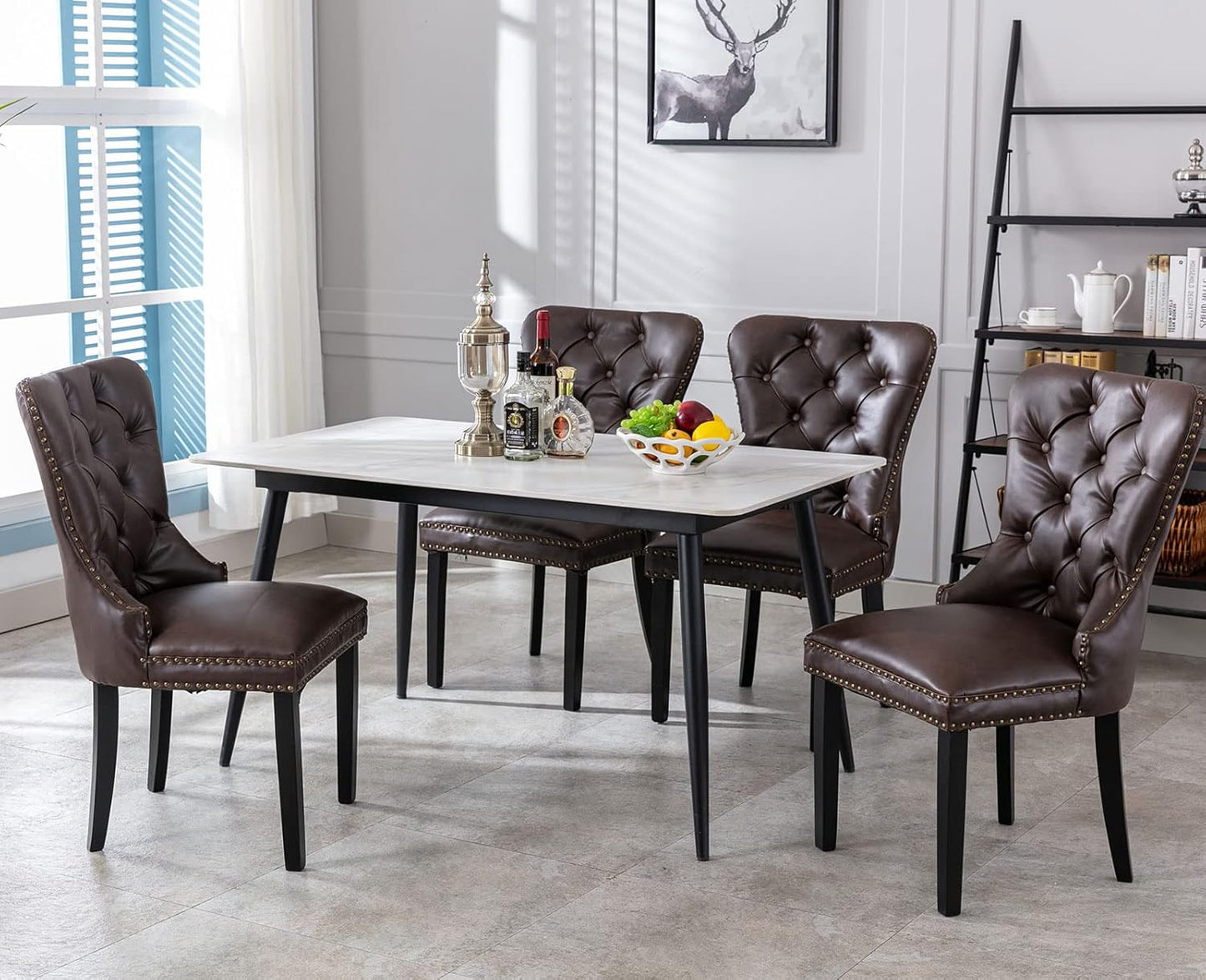 PU Leather Dining Chairs Set of 4 Mid Century Modern Tufted Chairs Armless Rubber Wood Vintage Chairs Upholstered Nailhead Side Chairs for Kitchen/Cafe Decor Furniture, Coffee with Pull Ring