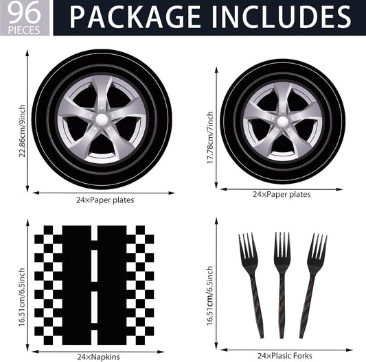 DTDO 96Pcs Race Car Party Plates and Napkins Set Include Wheels Track Napkins Black Forks Disposable Racing Themed Birthday Dinnerware for Boys Birthday Decorations Serves 24