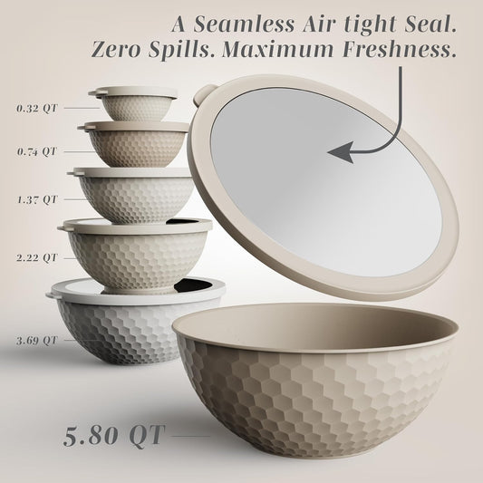 COOK WITH COLOR Mixing Bowls with Lids - 12 Piece Plastic Nesting Bowls Set includes 6 Prep Bowls and 6 Lids, Non Slip Bottom and Embossed Design - Microwave Safe (Brown)