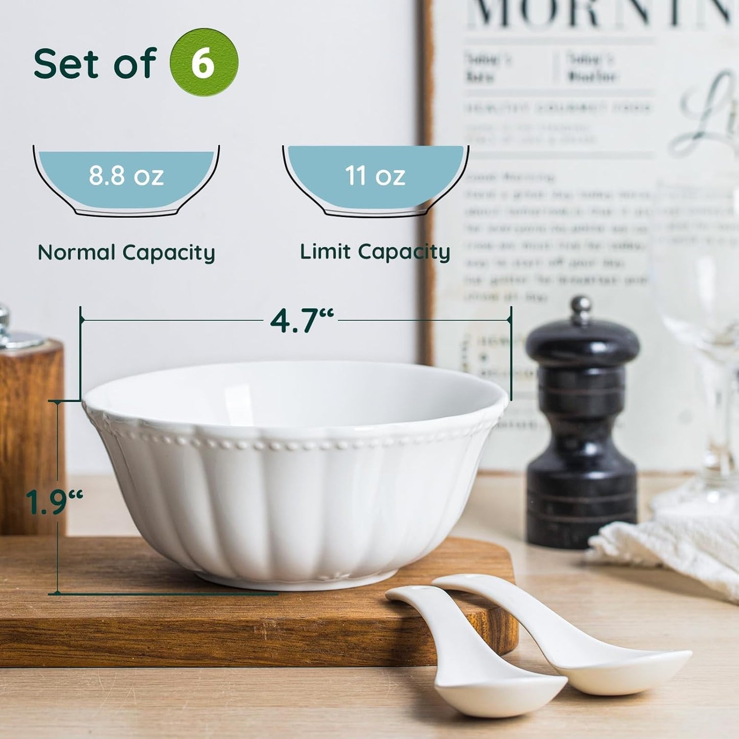 White Porcelain Fruit Bowls, 4.7 Inch Serving Bowls,Ice Cream Bowl, Kitchen Bowl Set, Microwave and Dishwasher Safe, Set of 6