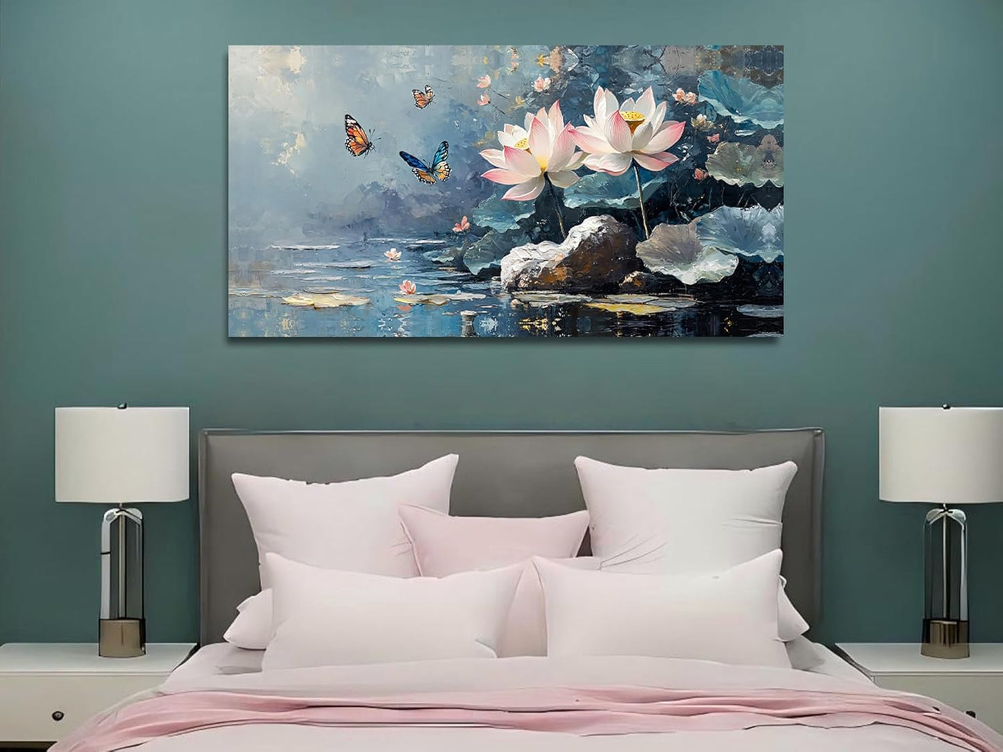 Ardemy Lotus Wall Art for Living Room Butterfly Canvas Art Wall Decor Textured Pictures Artwork Bedroom Kitchen Dining Home Office, Large 40"x20"
