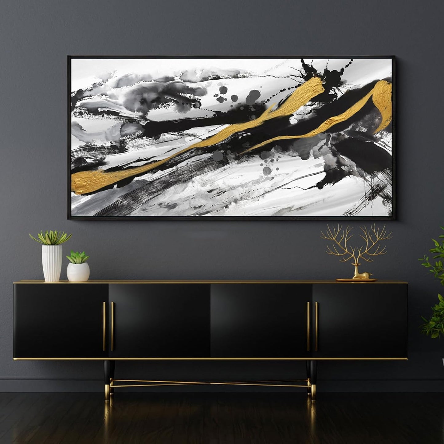 XLSJERST Black and White Abstract Wall Art - Large Frame Canvas Wall Art for Living Room Bedroom Modern Gold Ink Painting Style Picture Artwork for Wall Decor Size 24x48 Inches