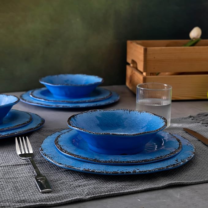LEHAHA 12 Piece Melamine Dinnerware Set BPA Free Farmhouse Outdoor Dishes Set for 4, A Light Weight and Unbreakable Rustic Plate Bowl Set for Patio, RV and Camping