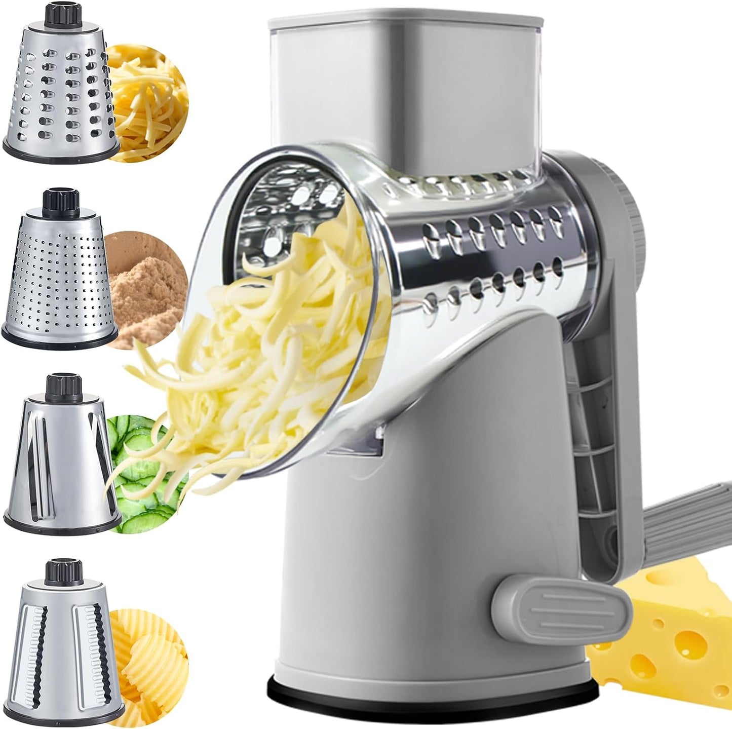 VEKAYA Cheese Grater, Cheese Grater Hand Crank, 4 Interchangeable Blades Cheese Shredder, Vegetable Slicer, Non-slip Suction Base, Easy to Clean Rotary Grater with Handle (Grey)