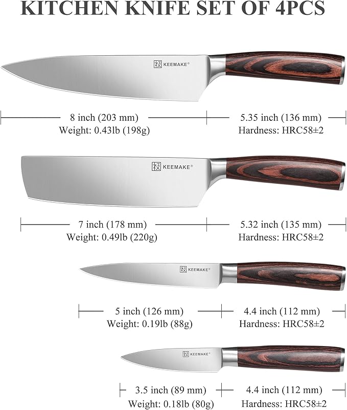 KEEMAKE Kitchen Knife Set of 4pcs - Sharp Kitchen Knives High Carbon Stainless Steel Blade, Chef Knife Set Pakkawood Handle Knives Set for Kitchen, w/Elegant Gift Box