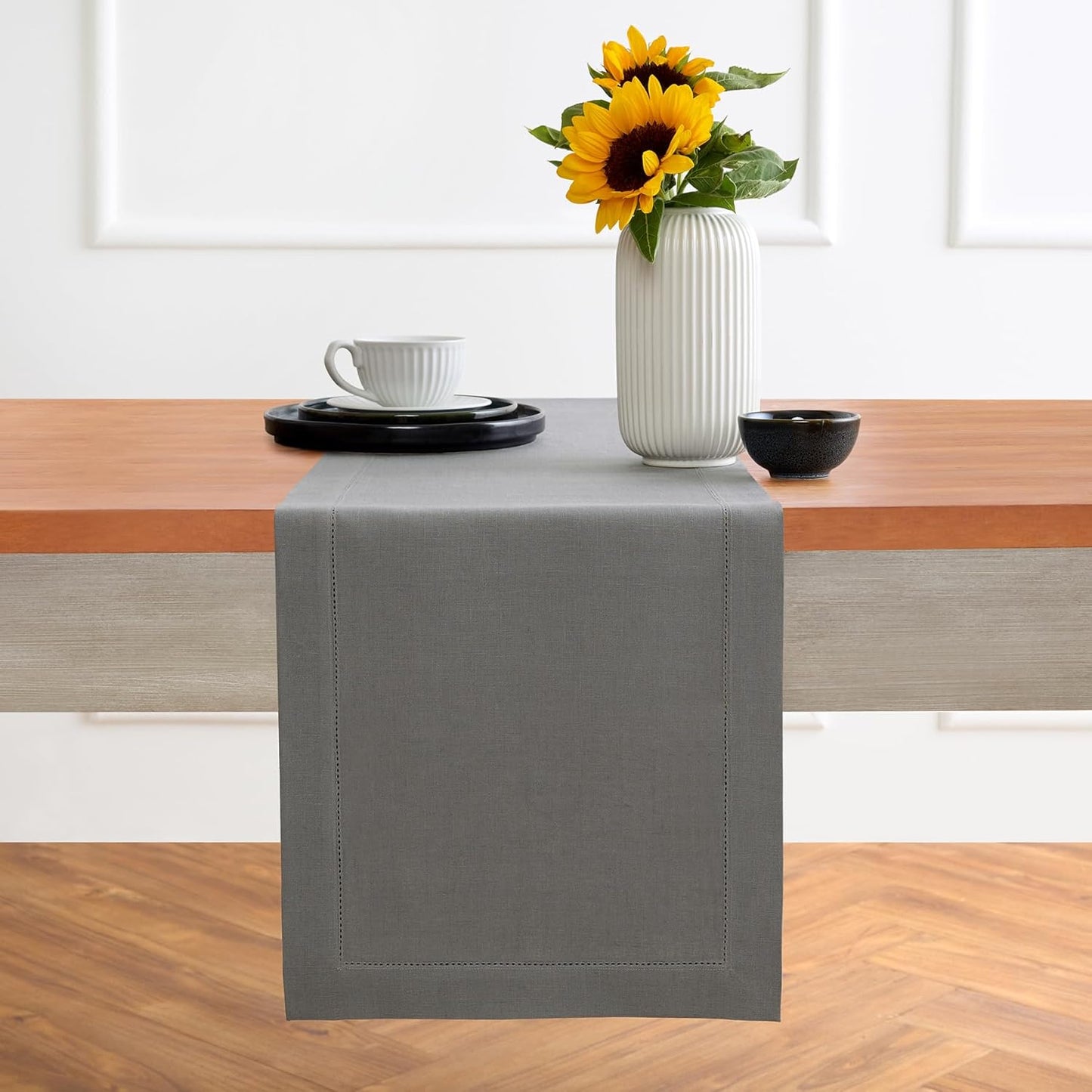 Solino Home Linen Steel Gray Hemstitch Table Runner 60 Inches - 100% Pure Linen Small Table Runner 14 x 60 Inch Ideal for Dresser and Coffee Tables - Classic Hemstitch - Fall, Autumn, Halloween