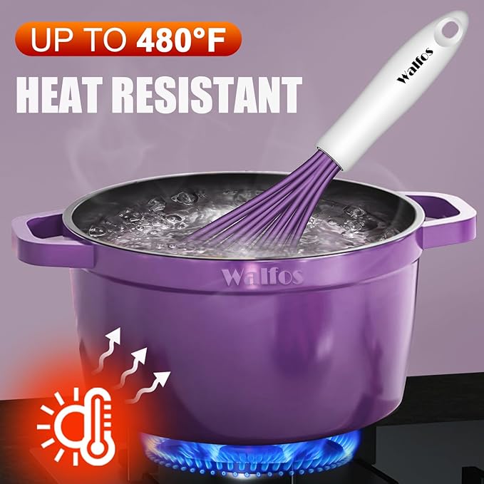 Walfos Whisk,Silicone Whisk Heat Resistant (480°F) Kitchen Whisks set of 5.Non Scratch Coated Whisks for Nonstick Cookware,Egg Wisk Premium for Blending,Whisking,Beating,Frothing. (Purple)