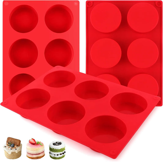3-Pack Jumbo 6-Cup Silicone Muffin Pan - Non-Stick Baking Mold for Cupcakes, Muffin Cupcake Pans Molds for Baking, Cornbread, Eggs - Red