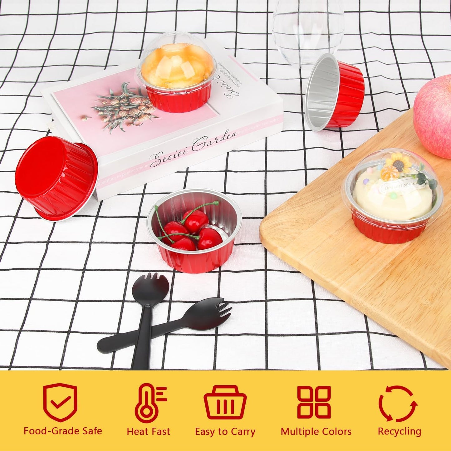 Red Cupcake Liners Muffin Tins 50 Pack,Free-Air 5oz Aluminum Foil Baking Cups with Lids,Disposable Ramekins Cupcake Pans,Jumbo Muffin Liners Cupcake Cups for Custard Mini Pie,with 50 Spoons-Red