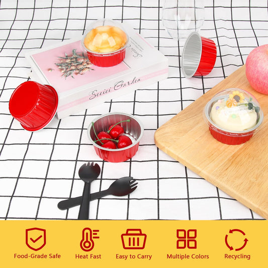 Red Cupcake Liners Muffin Tins 50 Pack,Free-Air 5oz Aluminum Foil Baking Cups with Lids,Disposable Ramekins Cupcake Pans,Jumbo Muffin Liners Cupcake Cups for Custard Mini Pie,with 50 Spoons-Red