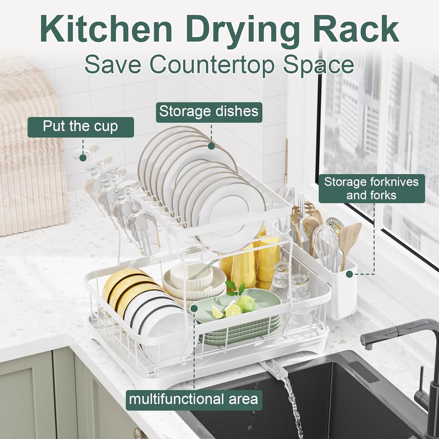 LIYI Dish Drying Rack,Large Dish Rack for Kitchen Counter,2-Tier Dish Racks with draining Tray,Detachable Capacity Dish Drainer Organizer,White
