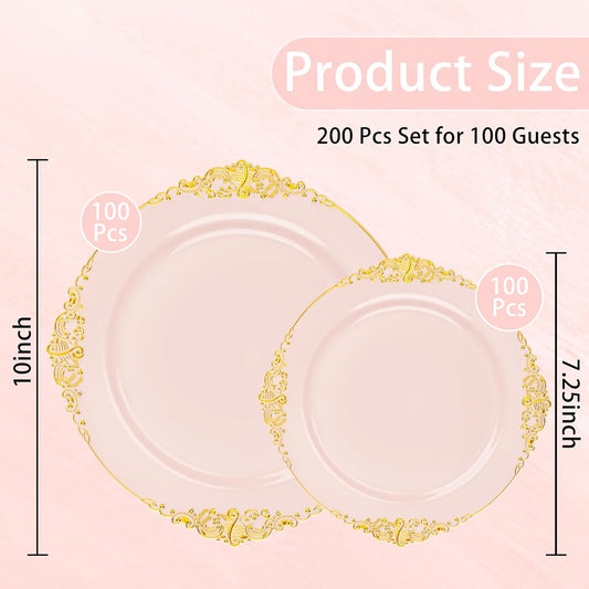 200PCS Pink and Gold Plates - Pink Plastic Plates - Fancy Disposable Plate with Gold Rim - Vintage Wedding Dinner & Dessert Plate for 100 Guests for Wedding & Party & Bridal Shower