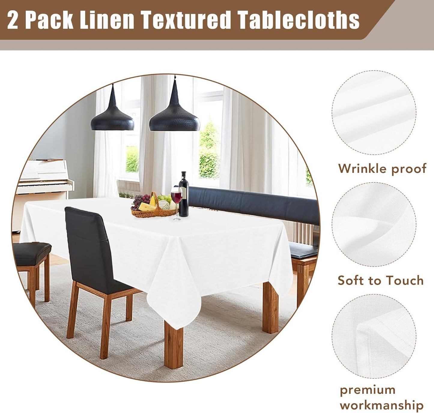 Fitable Faux Linen Tablecloths Rectangle 60 x 102 Inch - 2 Pack Textured Table Clothes for 6 Foot Tables, White Faux Burlap Kitchen Table Covers for Wedding, Party, Farmhouse, Banquet, Dining
