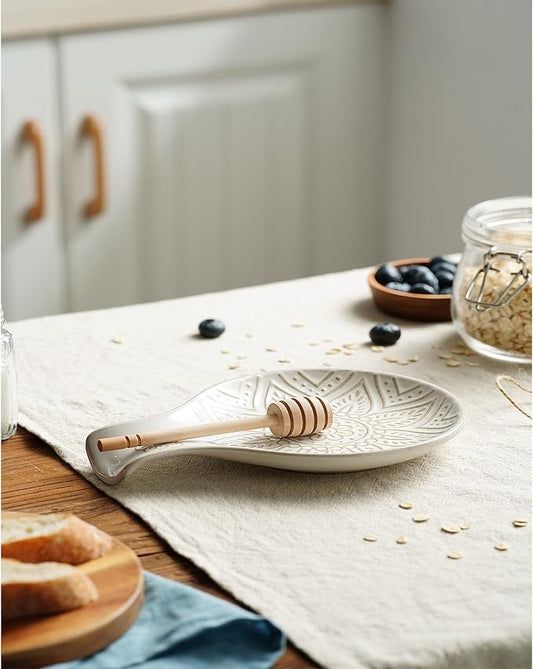 Ceramic Spoon Rest for Stove Top, 7.48 Inches Spoon Holder for Kitchen Counter, Kitchen Counter Decor, Dishwasher Safe, Off-White