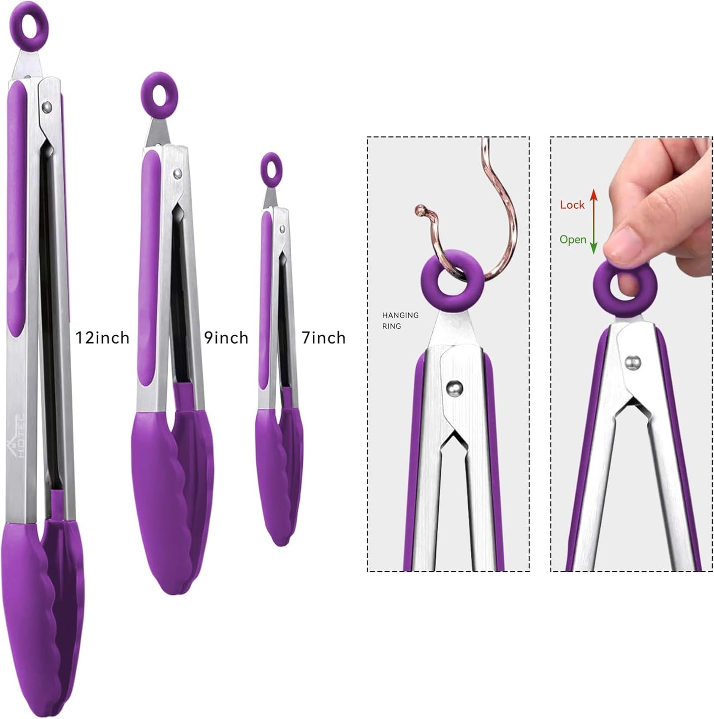 HOTEC Premium Stainless Steel Locking Kitchen Tongs with Silicon Tips, Set of 3-7", 9" and 12" (Purple)