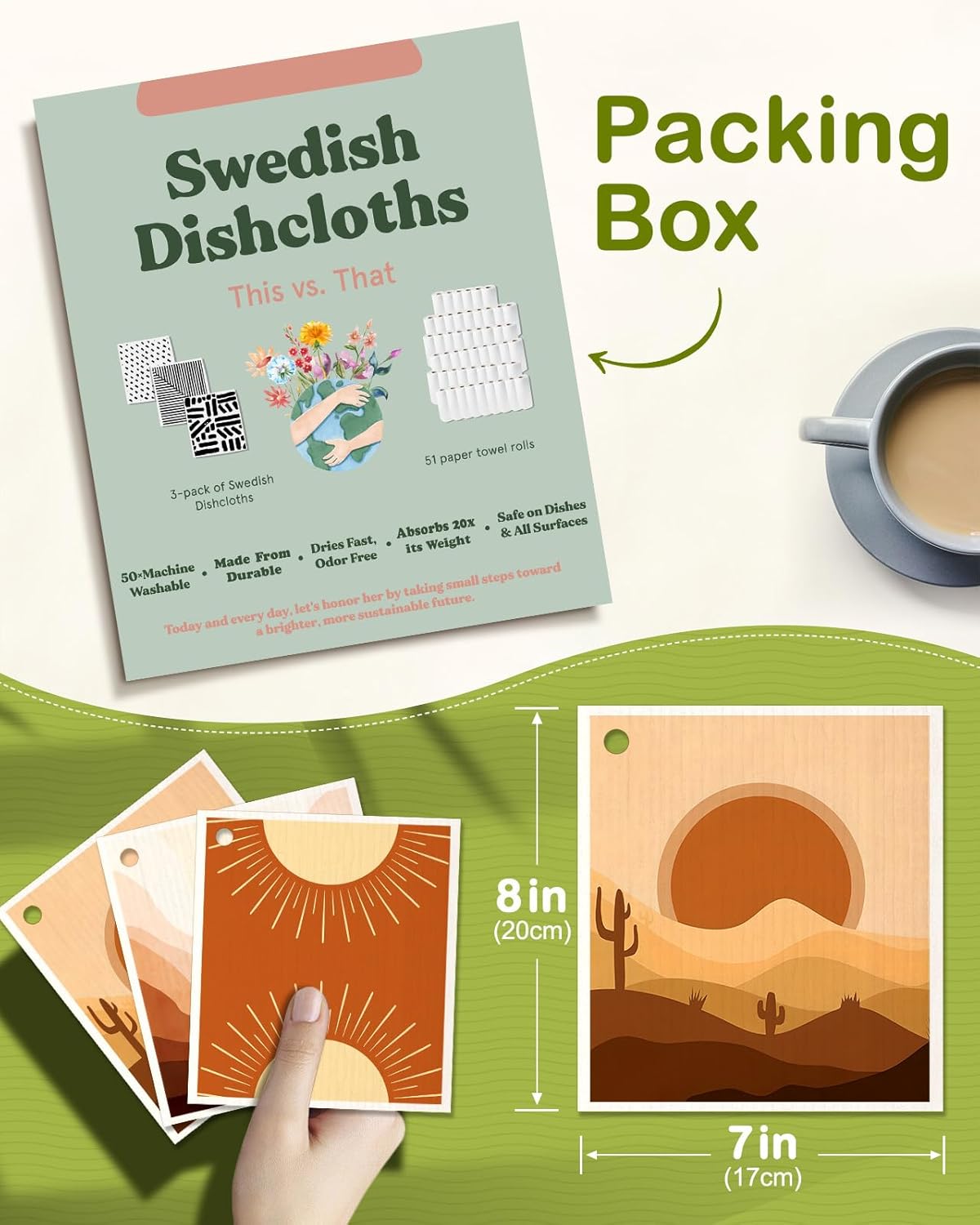 6 Pack Swedish Dishcloths for Kitchen - Reusable Dish Cloths for Washing Dishes Absorbent Cute Funny Kitchen Towels Cleaning Sponge, Sunrise