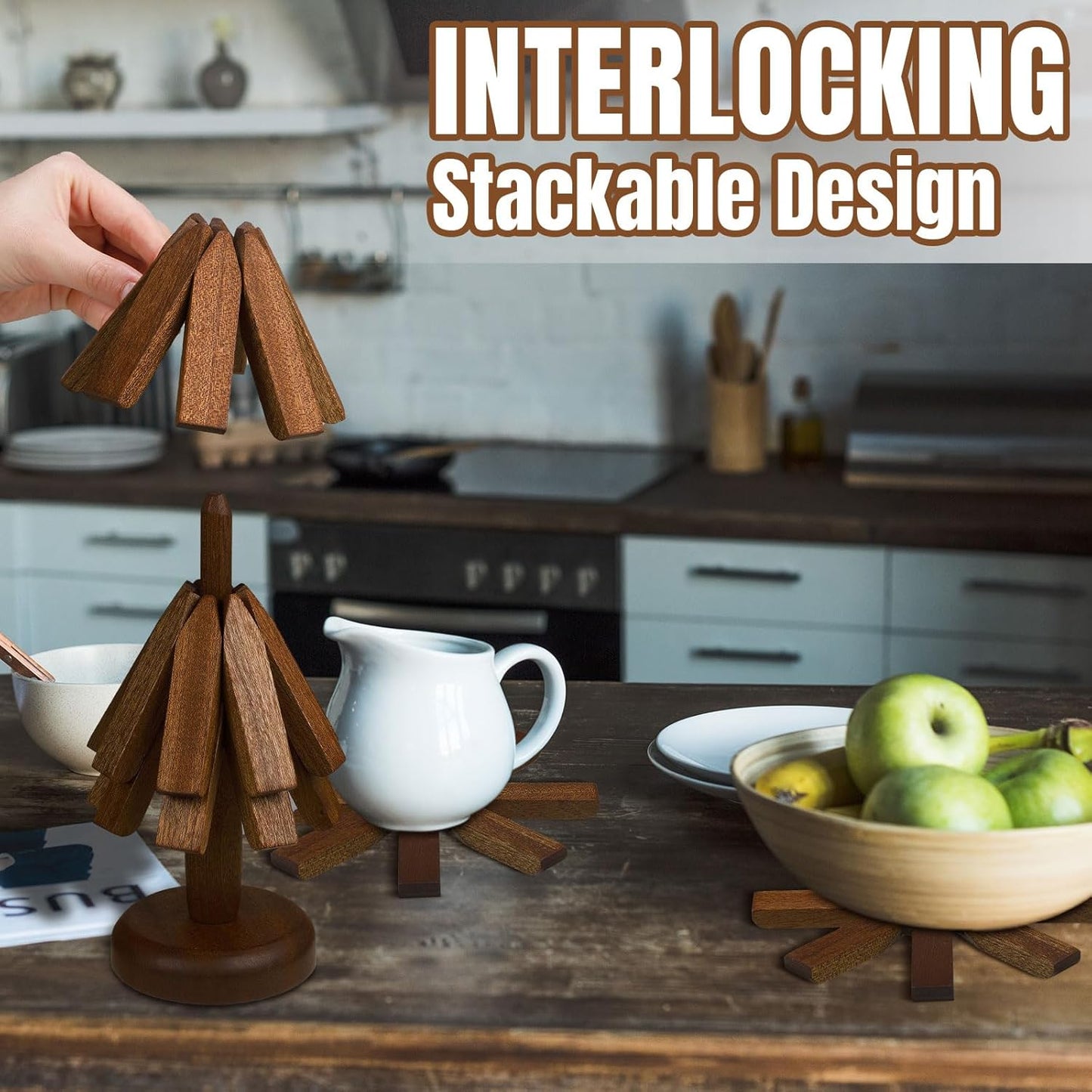 Suzile 2 Set 4 Layers Wooden Trivets for Hot Dishes Tree Shape Trivet Coaster Wood Table Mat Tree Design Foldable Heat Resistant Pads for Teapot Pans Bowl Kitchen Table(Brown)