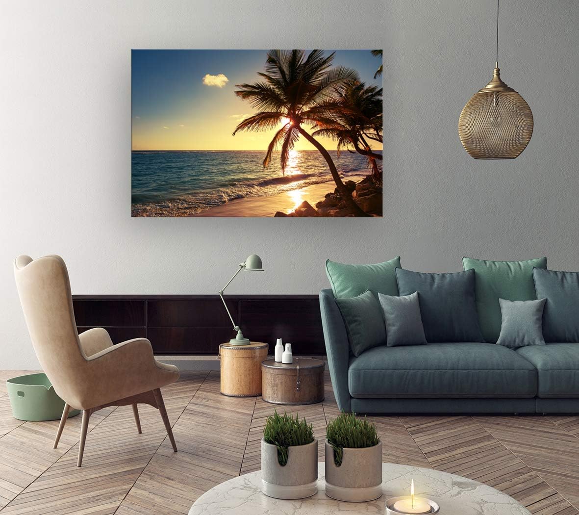 Muolunna S04969 Wall Art Decor Large Canvas Print Picture Sunset Ocean Beach Waves 1 Panel Coconut tree Scenery Painting Artwork for Office Home Decoration Stretched and Framed Ready to Hang XLarge