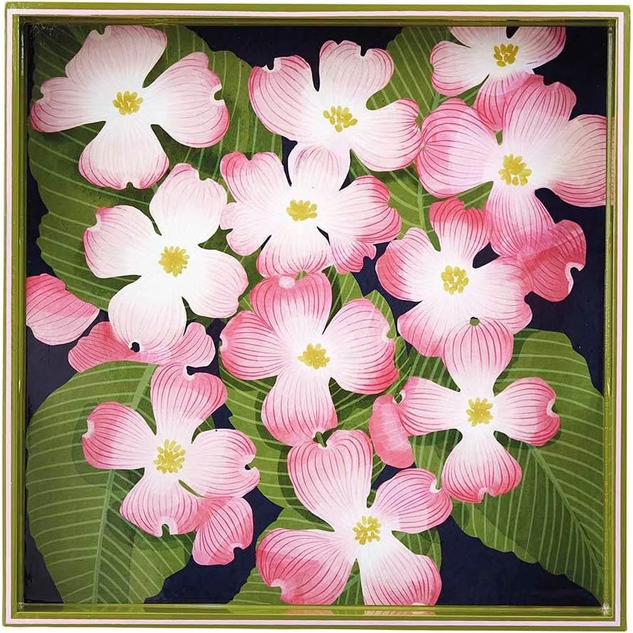 rockflowerpaper Pink Dogwood 15inch Square Lacquered Wooden Serving Tray with Handles, Coffee Table Ottoman Tray for Dining. for Food, Drinks, Cocktail, Great for Parties, Entertaining & Gift