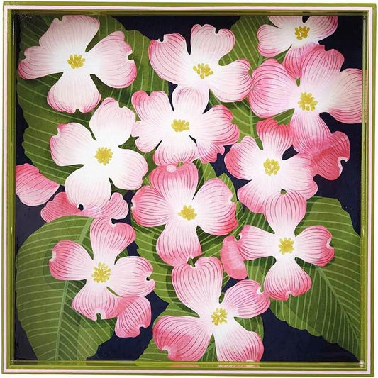 rockflowerpaper Pink Dogwood 15inch Square Lacquered Wooden Serving Tray with Handles, Coffee Table Ottoman Tray for Dining. for Food, Drinks, Cocktail, Great for Parties, Entertaining & Gift