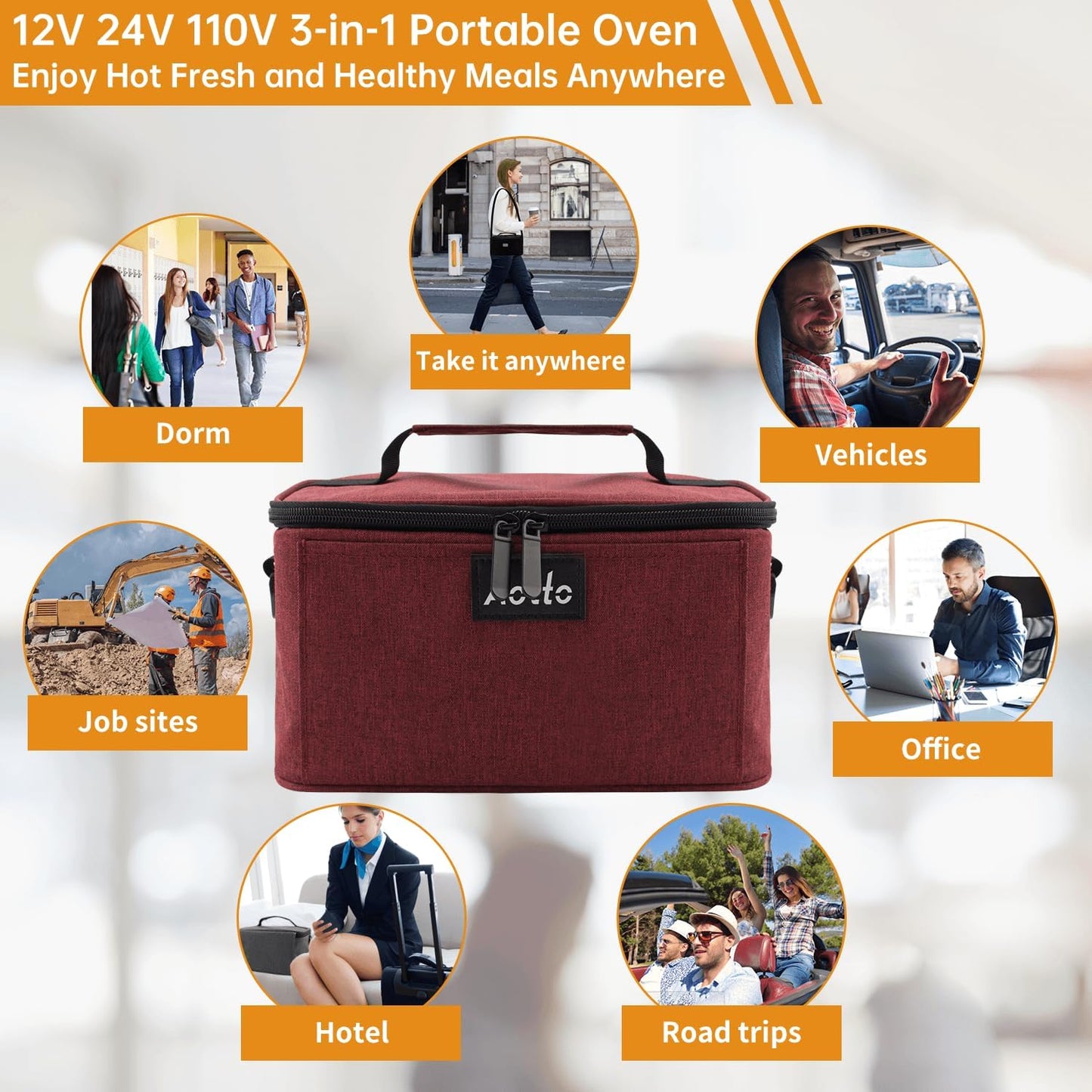 Aotto Portable Oven, Electric Lunch Box Food Heater - 12V/24V/110V 3-in-1 Car Food Warmer - Heated Lunch Box for Adults - Cook, Reheat & Keep Meals Warm for Car, Truck, Travel, Work, Home - Red